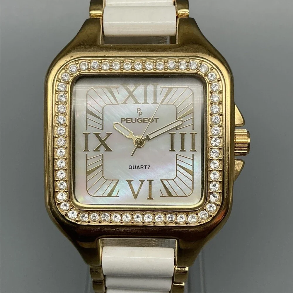 Peugeot Womens Watch 35mm Gold Tone MOP Crystal Bezel New Battery 7.25